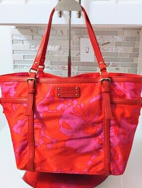Kate Spade Tote GUC- Salmon Red & Fuchsia Pink Floral Nylon w/Leather Trim GHW